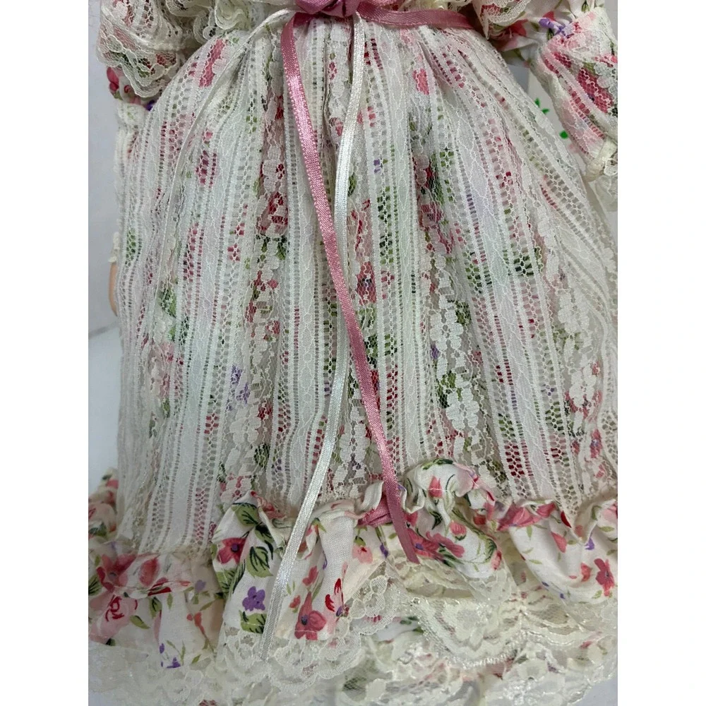 Old-Fashioned Dolls Porcelain Doll 16 inch Blonde Blue Eyes Floral Lace Gown Box